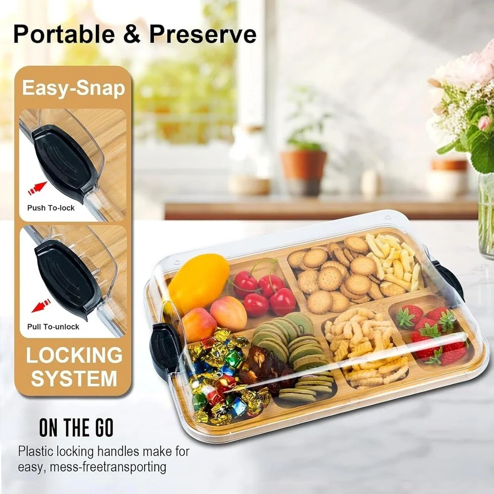 Bamboo Charcuterie Board with Locking Lid 6 Compartment Portable Snack Tray